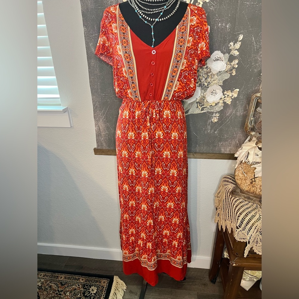Red Orange Paisley Boho Elastic Waist V Neck Maxi Dress Sz M Western Hippie